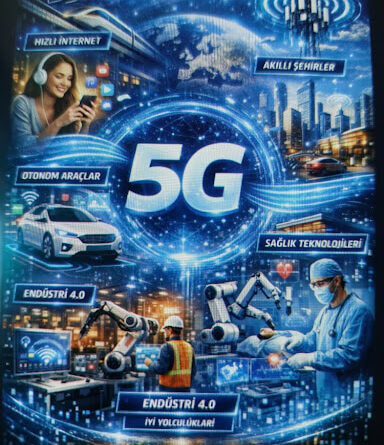 Türkiye'de 5G Devrimi kapsamında İstanbul Boğazı üzerinde yükselen 5G kulesini ve tüm şehre yayılan yüksek hızlı veri akışını gösteren bir görsel.